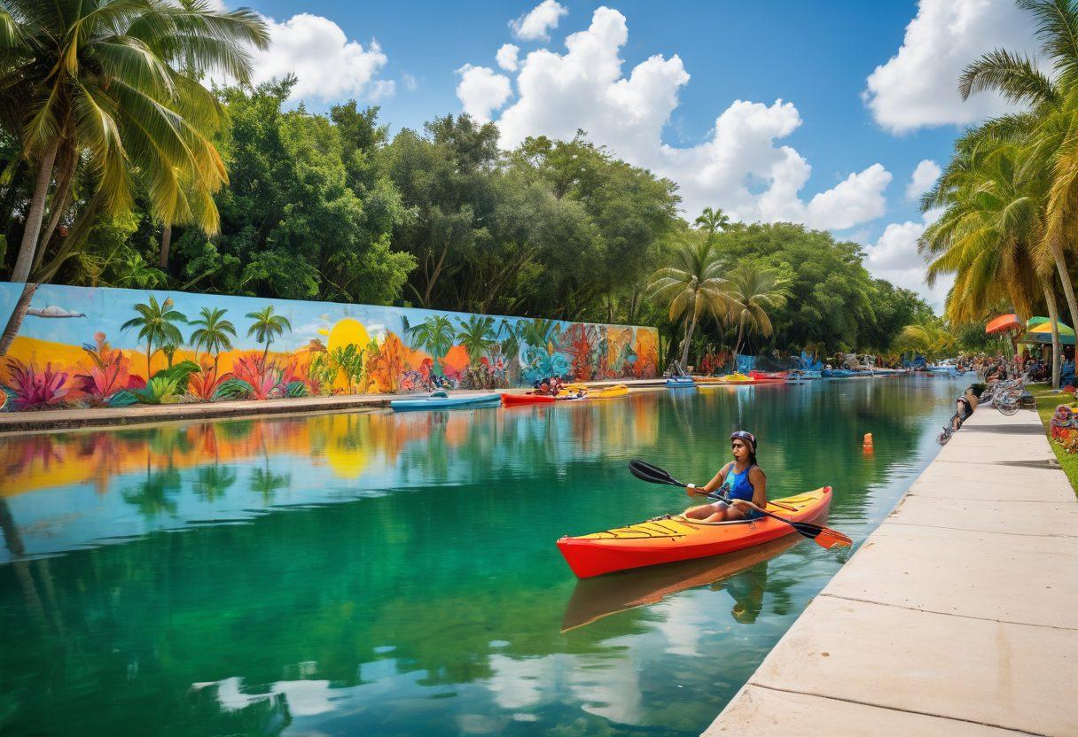 A lively scene in Lauderdale Lakes showcasing diverse people engaged in various recreational activities like kayaking, biking, and picnics in a lush park setting, with colorful street art murals in the background. The atmosphere radiates joy and community spirit, with sunshine filtering through the trees. Include palm trees and a shimmering lake to emphasize the vibrant culture. bright colors. super-realistic.