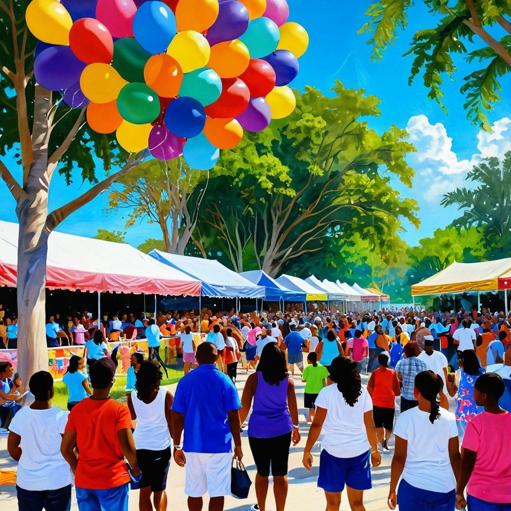 A vibrant community event scene in Lauderdale Lakes, showcasing joyful people of diverse backgrounds enjoying colorful outdoor festivities, balloons, and food stalls. Include sunlight filtering through trees, laughter, and a stage with performers. The atmosphere should radiate warmth and happiness, filled with cheerful activities. painting. vibrant colors. natural setting.