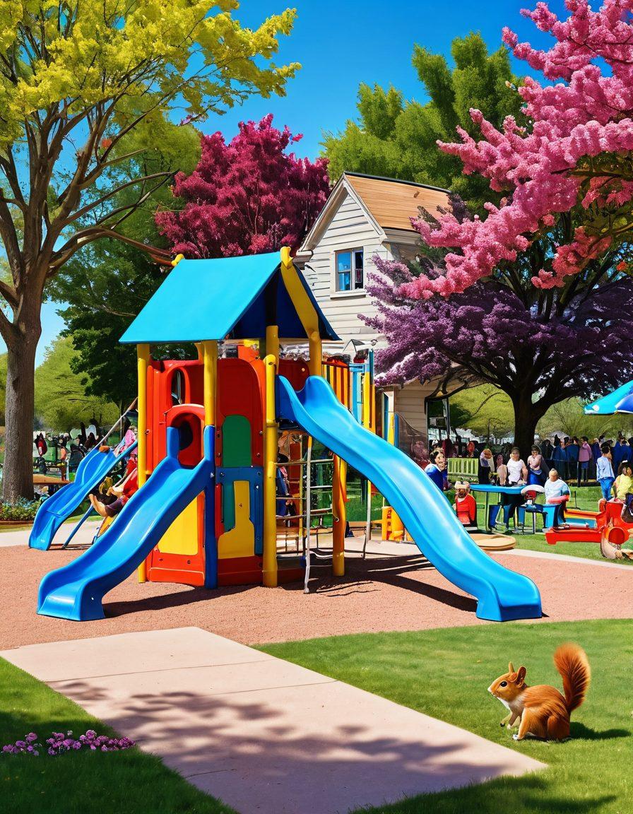 A vibrant park scene filled with families enjoying various activities: children playing on colorful playground equipment, parents picnicking, and friends laughing together. The backdrop features blooming flowers and a bright blue sky, encouraging a cheerful atmosphere. Add playful animals like squirrels and birds to enhance the liveliness. super-realistic. vibrant colors. family-friendly.